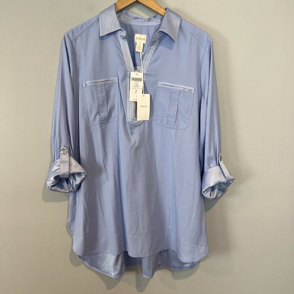 Chico's Blue Lela Shirt Size Large Zip Detail Satin Trim Pleat Patch Pockets NWT